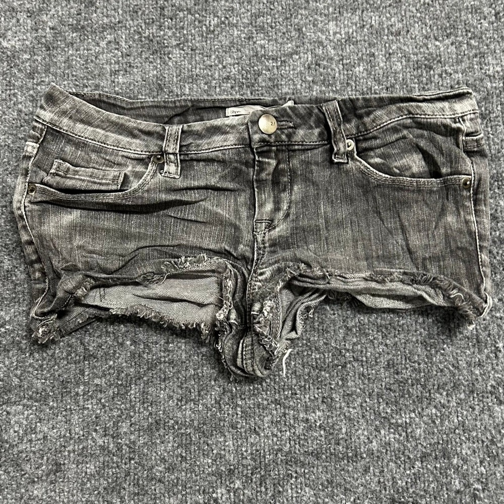 2.1 Denim Shorts Womens Size 26 Black Rhinestone Distressed Frayed Hem Low Rise